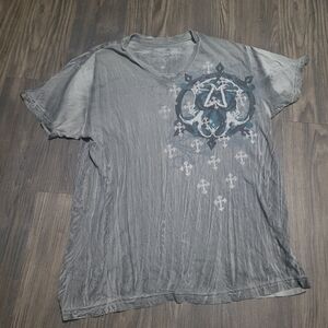 Affliction Charcoal Graphic Tee Size XL CROSS SKULL Embroidered Vneck
